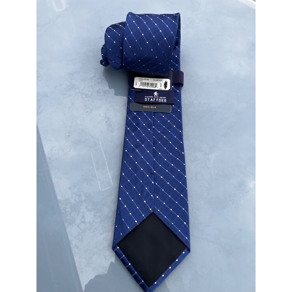 Stafford Tailored Culture Necktie Neck Tie 100% Silk Blue White Dots Design NWT